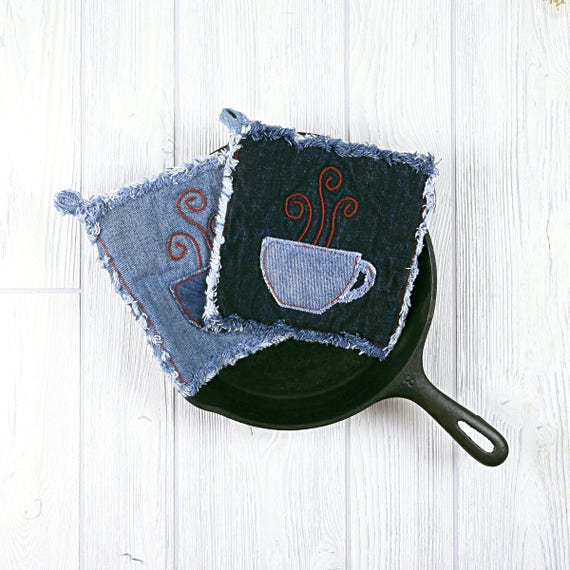 Denim Potholders Red Steam Denim Pot Holder Blue Jean Pot Etsy