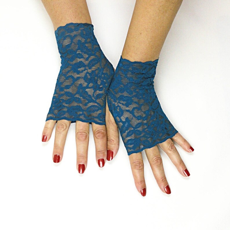 Teal Blue Lace Gloves Peacock Blue Fingerless Gloves Etsy