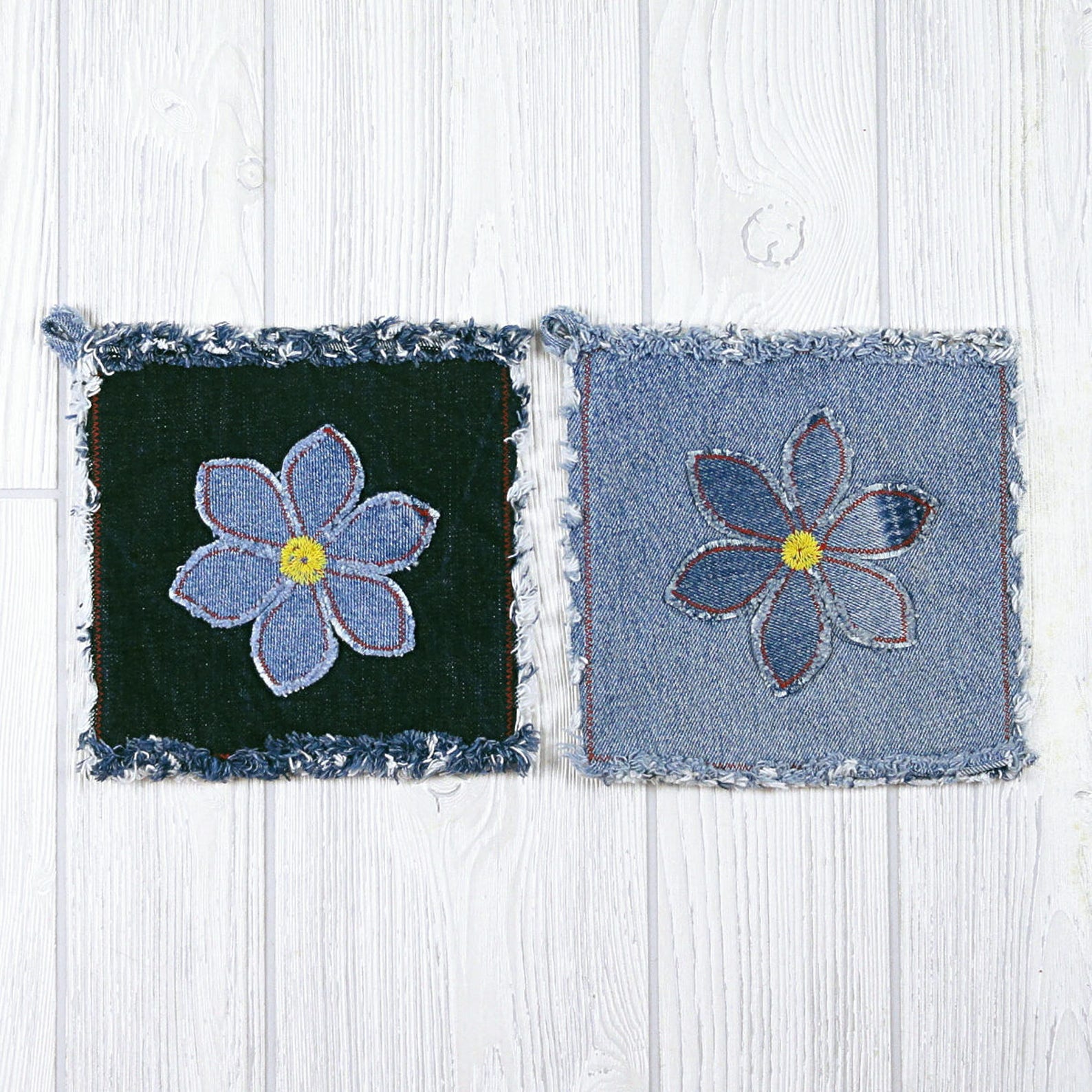 Flower Power Blue Jean Pot Holders Daisy Denim Pot Holders Flower Power