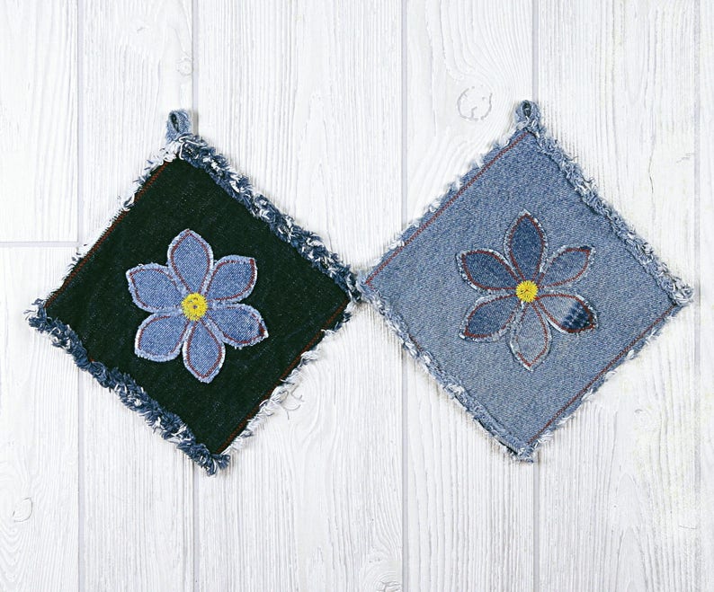 Flower Power Blue Jean Pot Holders Daisy Denim Pot Holders Flower Power Pot Holders Blue Pot Holders Denim Flower Pot Holders image 2