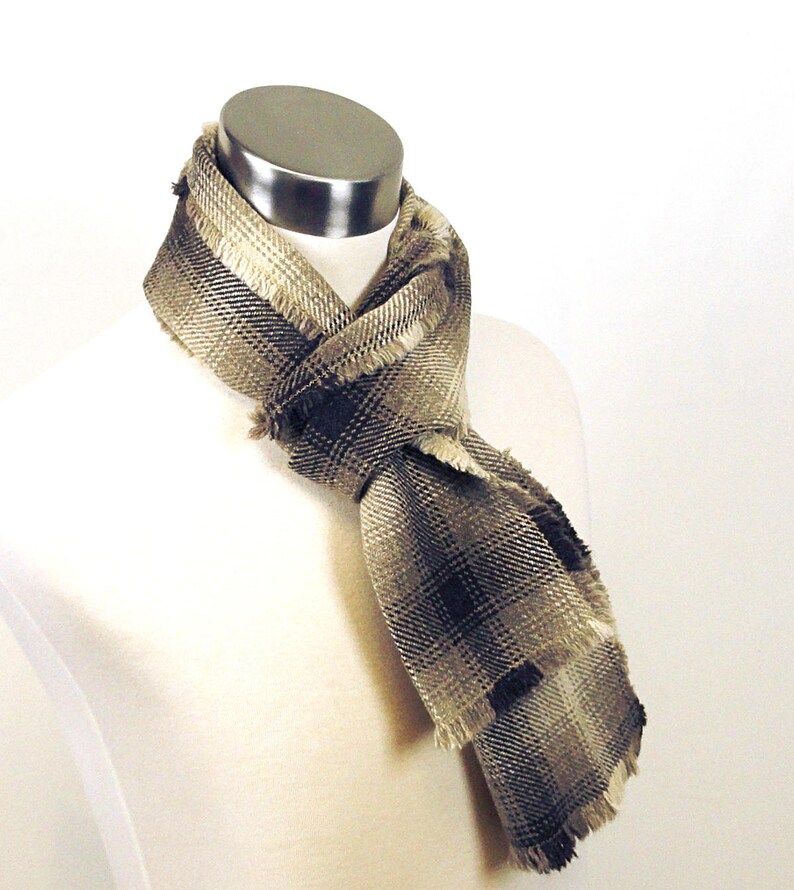 Brown Plaid Scarf Brown, Taupe Plaid Wool Scarf Long Plaid Scarf Plaid Woven Wool Scarf Men's Plaid Scarf Men's Wool Scarf image 4