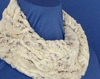 Textured Minky Infinity Scarf - Cream Brown Faux Fur Cowl