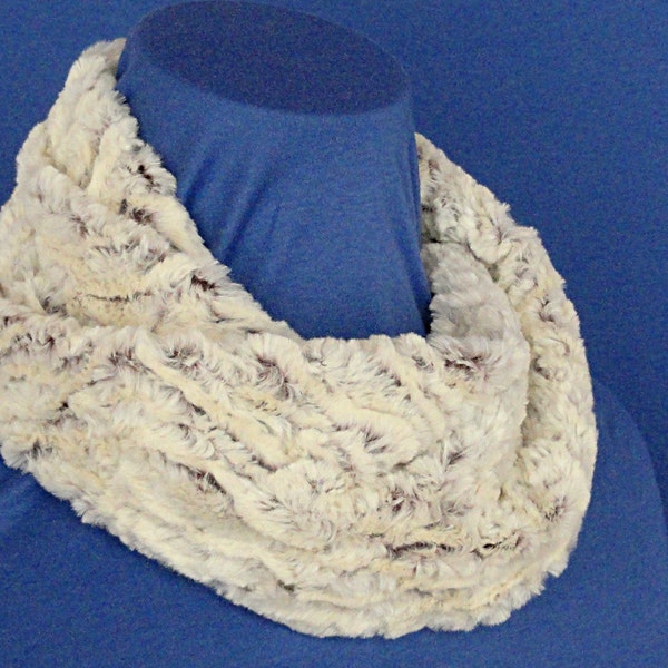 Textured Minky Infinity Scarf - Cream Brown Faux Fur Cowl