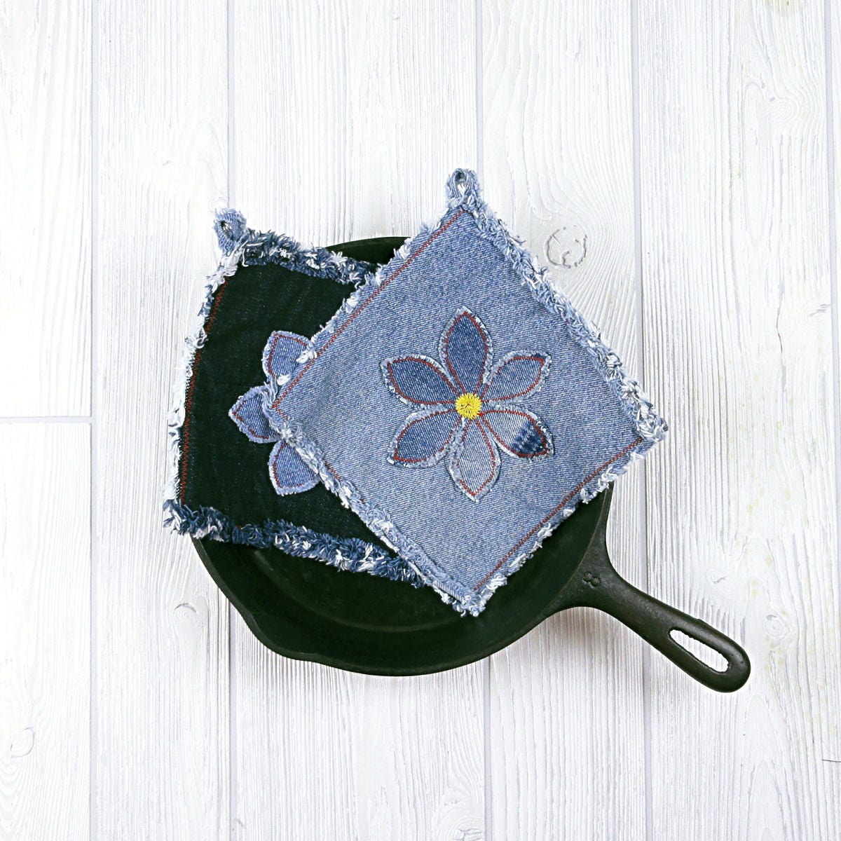 Flower Power Blue Jean Pot Holders Daisy Denim Pot Holders Flower Power
