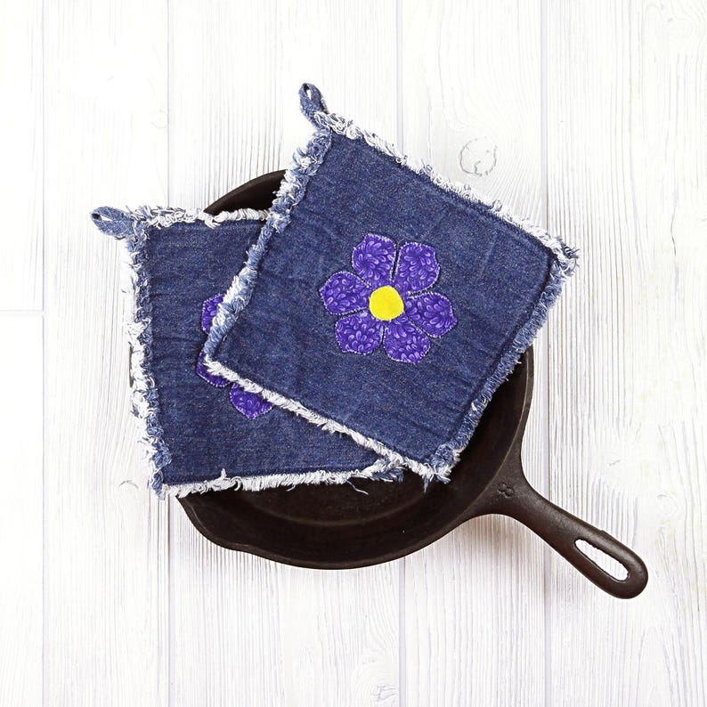 Denim Pot holders Farmhouse Decor Upcycled Blue Jean Boho Etsy