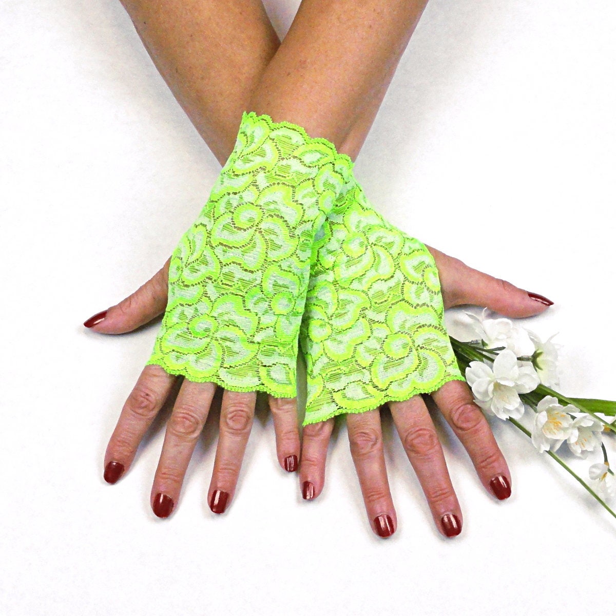Lime Green Gloves Neon Green Lace Fingerless Gloves Lime Etsy