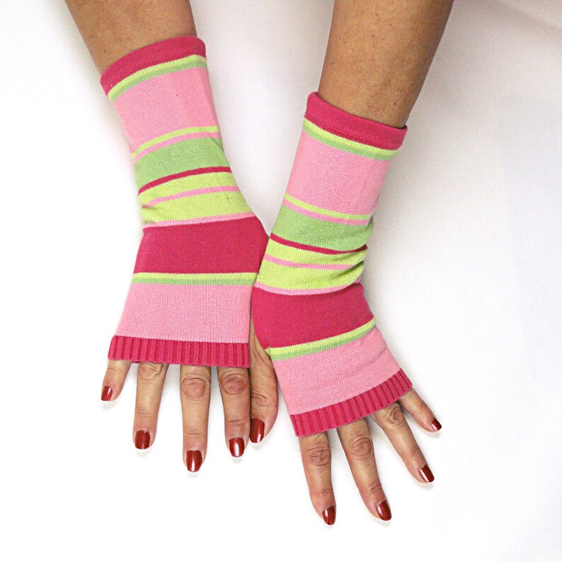 Pink Green Striped Gloves Striped Cotton Fingerless Gloves Etsy
