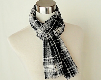 Black Gray Plaid Scarf  -  Classic Plaid Wool Scarf - Long Plaid Scarf - Long Plaid Wool Scarf - Men's Wool Scarf - Men's Plaid Scarf