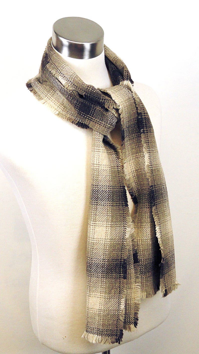 Brown Plaid Scarf Brown, Taupe Plaid Wool Scarf Long Plaid Scarf Plaid Woven Wool Scarf Men's Plaid Scarf Men's Wool Scarf image 3