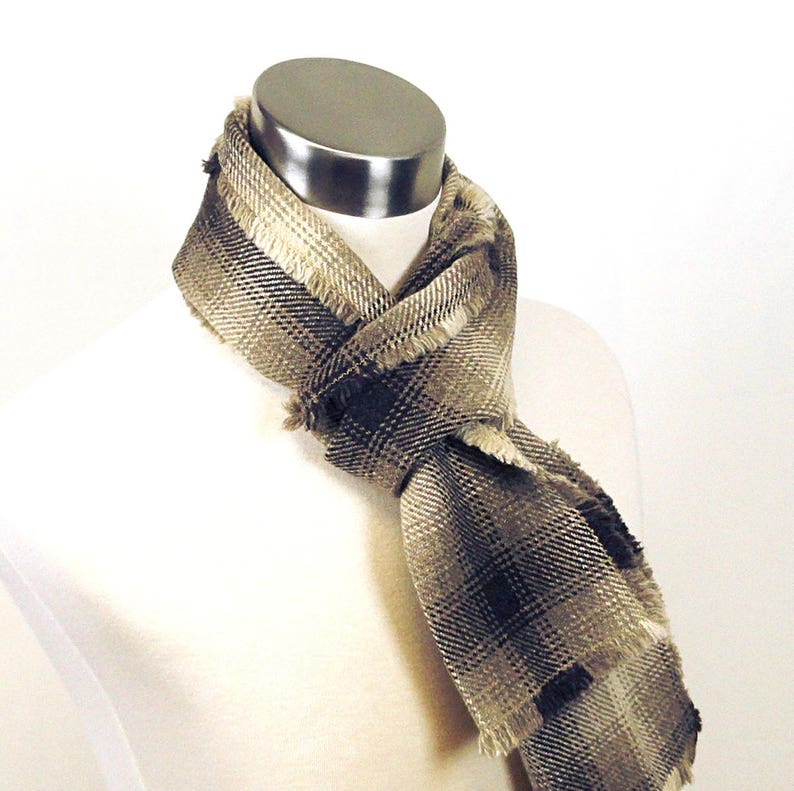 Brown Plaid Scarf Brown, Taupe Plaid Wool Scarf Long Plaid Scarf Plaid Woven Wool Scarf Men's Plaid Scarf Men's Wool Scarf image 1