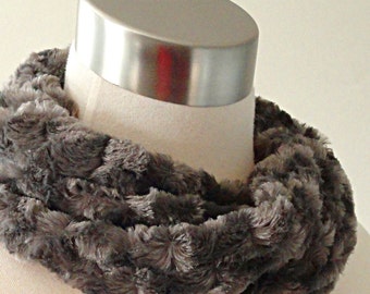 Gray Minky Cowl - Charcoal Faux Fur Scarf - No Fuss Gray Infinity Scarf .