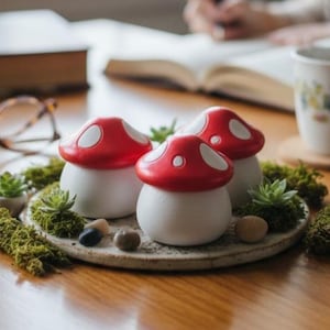 May include: Three small mushroom-shaped figurines with smooth white stems and glossy red caps featuring white spots. The figurines are arranged on a circular stone base decorated with green moss, small succulent plants, and several smooth pebbles.