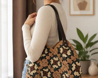 Handmade Crochet Granny Square Bag, Boho Tote Bag, Crochet Shoulder Bag, Neutral Earth Tone Handbag, Vintage Style Market Bag