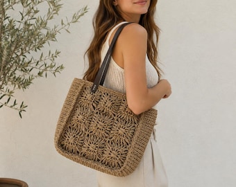 Handmade Raffia,Crochet Shoulder Bag, Boho Beach Tote, Summer Woven Purse, Everyday Bohemian