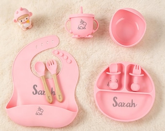 Custom Name Toddler Tableware Set Food Grade Silicone Suction Plate Bowl Self Feeding Baby Gift