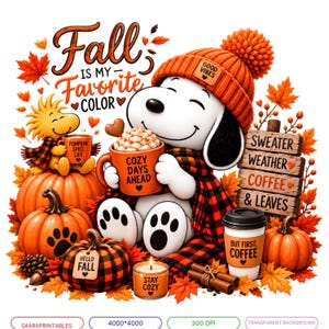 May include: A white cartoon dog wearing an orange knit hat and plaid scarf holds an orange mug labelled COZY DAYS AHEAD. Text reads Fall IS MY Favorite COLOR, SWEATER WEATHER COFFEE & LEAVES, PUMPKIN SPICE LIFE, HELLO FALL, STAY COZY, and BUT FIRST. COFFEE.