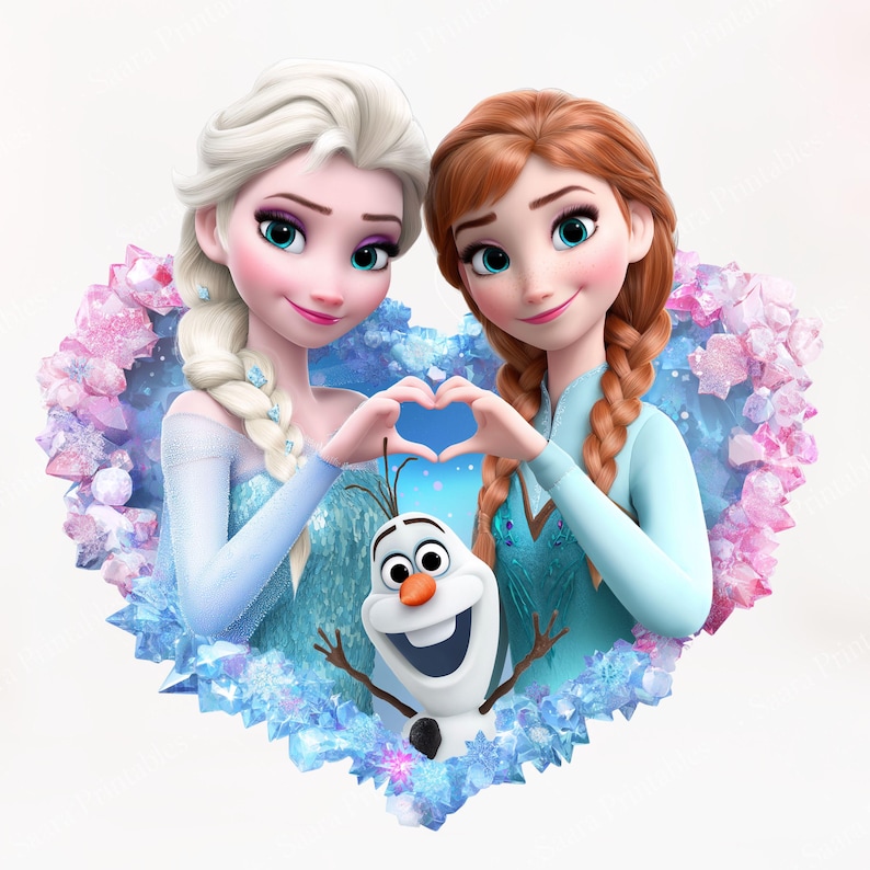 May include: Digital illustration featuring Elsa and Anna from Frozen, forming a heart shape with their hands. Olaf the snowman is in the foreground. The image has a heart-shaped frame with blue and pink crystal accents.