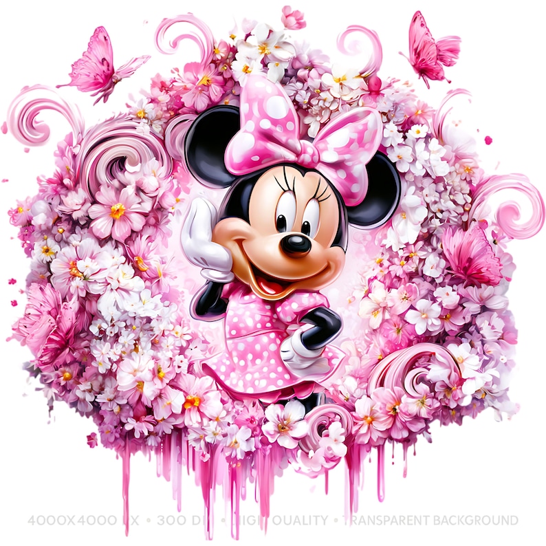 Puede incluir: Una ilustraci&oacute;n gr&aacute;fica de Minnie Mouse con un vestido rosa de lunares y un lazo a juego, centrada dentro de una densa corona de flores rosas y blancas y mariposas, con gotas de pintura rosa que se extienden desde el borde inferior.