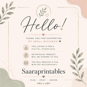 Puede incluir: Una tarjeta de informaci&oacute;n de descarga digital con fondo crema, que presenta el texto Hello!, Thank you for supporting my small business!, This listing is for a digital download, No physical product will be shipped to you, y Saaraprintables.