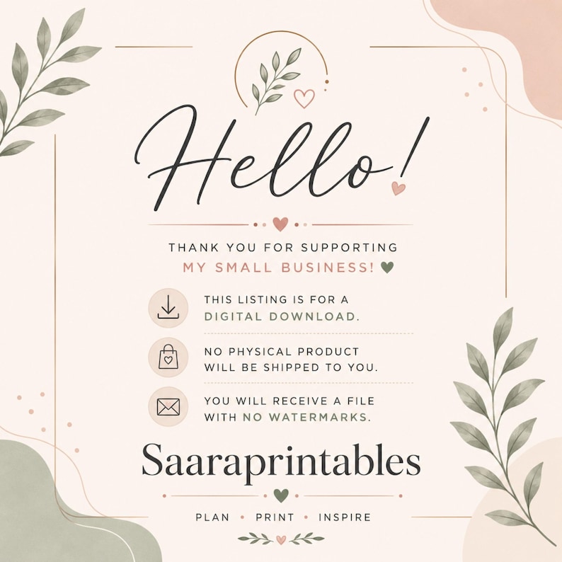 Puede incluir: Una tarjeta de informaci&oacute;n de descarga digital con fondo crema, que presenta el texto Hello!, Thank you for supporting my small business!, This listing is for a digital download, No physical product will be shipped to you, y Saaraprintables.