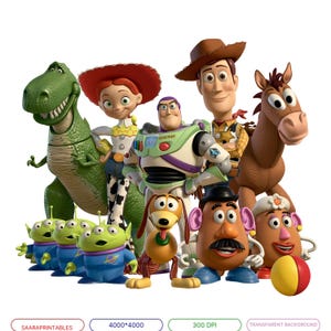Può includere: Un gruppo di personaggi animati che include un dinosauro verde, una cowgirl, un ranger spaziale, un cowboy, un cavallo marrone, tre alieni verdi, un cane con il corpo a molla, due figure a forma di patata e una piccola palla.