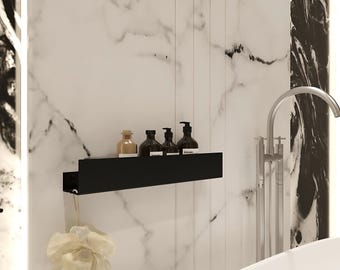 Svart badrumshylla i rostfritt stål, minimalistisk flytande vägghylla för dusch, modern badrumsförvaring, elegant badrumsorganisatör