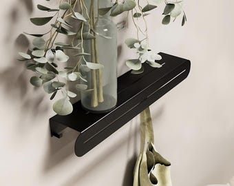 Floating Shelf with Hooks, Wall Mounted Bathroom Shelf, Stainless Steel Bathroom Organizer, Black Shower Shelf, Modern Bathroom Storage