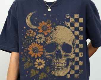 Boho Skull Graphic Tee, Vintage Grunge Comfort Colors Tee, Retro BohoSummerweenShirt, Cute Spooky Halloween Shirt, Spooky Summer Shirt