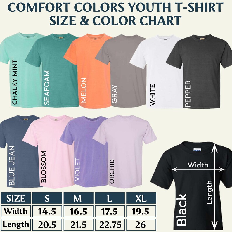 May include: A Comfort Colors youth t-shirt size and color chart displaying eleven short-sleeve shirts in various colors including chalky mint, seafoam, melon, gray, white, pepper, blue jean, blossom, violet, orchid, and black with a size chart.