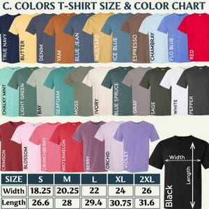 May include: A color chart displaying various short-sleeve t-shirts in shades like navy, butter, denim, yam, blue jean, mustard, ice blue, espresso, chambray, flo blue, red, chalky mint, light green, bay, seafoam, moss, ivory, blue spruce, gray, sage, white, pepper, crimson, blossom, crunchberry, watermelon, berry, orchid, and violet, with a size chart showing width and length in inches.
