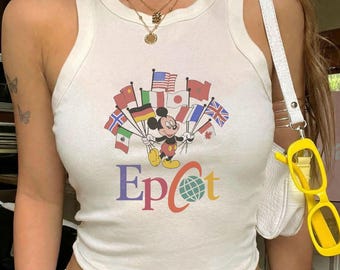 Disney Epcot Tank Top, Vintage 90s Style Mickey Flags of Nations Tee, Disney World Tour Shirt, Disneyland Vacation 2026 Racer Tank Top