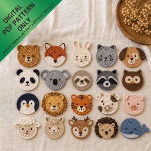 Puede incluir: Una colección de veinte patrones circulares de ganchillo con caras de animales que incluyen oso, zorro, conejo, gato, perro, panda, koala, perezoso, mapache, búho, pingüino, león, tigre, vaca, cerdo, oveja, llama, ciervo, erizo y ballena.