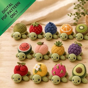 May include: A collection of twelve crocheted turtle toys, each featuring a different fruit or vegetable shell design, including strawberry, blueberry, orange, kiwi, watermelon, peach, pineapple, grape, cherry, lemon, dragon fruit, and avocado.