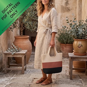 May include: A beige wrap dress with three-quarter sleeves and a waist tie, paired with a structured tote bag featuring horizontal color-blocked stripes in cream, terracotta, and black. The image includes text stating DIGITAL PDF PATTERN ONLY.