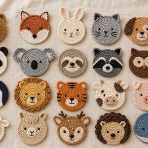 May include: A collection of twenty circular crochet coasters featuring various animal faces including a bear, fox, rabbit, cat, dog, panda, koala, sloth, raccoon, owl, penguin, lion, tiger, cow, pig, sheep, llama, deer, hedgehog, and a blue whale.