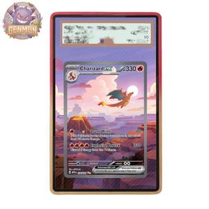 May include: A graded Charizard ex trading card encased in a protective plastic slab with a red border. The card features a flying Charizard illustration over a volcanic landscape, with text including Brave Wing and Explosive Vortex attacks.