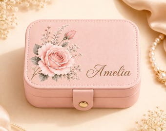 Portagioie floreale personalizzato con nome personalizzato, astuccio da viaggio per gioielli, organizer per anelli, regalo di compleanno