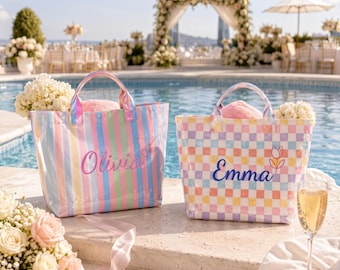 Custom Waterproof Pool Tote Bag, Personalized Embroidered PVC Beach Bag, Bachelorette Party Favor, Clear Striped Bridesmaid Tote