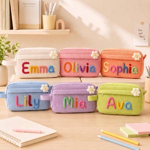 Estuche para lápices de pana personalizado con nombre, estuche con cremallera para escuela primaria, regalo para estudiantes