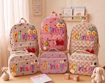 Conjunto de mochila a juego personalizada con nombre en hilo personalizado, bolsa de almuerzo, artículos esenciales para la escuela, regalo para niños