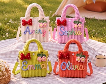 Personalized Girls Purse Custom Name Corduroy Crossbody Bag Crochet Flowers Flower Girl Gift
