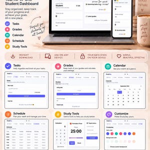 Könnte beinhalten: Eine digitale StudyDay-Studenten-Dashboard-Vorlage, die auf einem Laptop- und Smartphone-Bildschirm angezeigt wird. Die Benutzeroberfläche enthält Bereiche für Aufgaben, Noten, einen Kalender, einen Wochenplan und Lerntools.