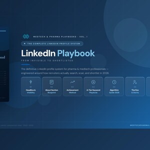 Puede incluir: Gráfico digital con fondo degradado azul. El texto "LinkedIn Playbook" se muestra de forma destacada, con el subtítulo "From Invisible to Shortlisted". La imagen también incluye una portada de libro y varios iconos con texto.