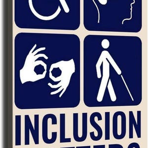 May include: A rectangular wall sign with a cream background and dark blue accents. It features four square icons representing accessibility: a wheelchair user, a brain profile, a hand signing, and a person with a cane. The text reads INCLUSION MATTERS.