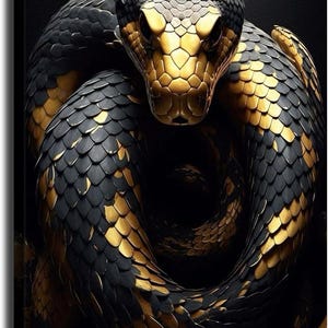 May include: A canvas print featuring a coiled snake with a striking design. The snake's scales are a mix of black and gold, creating a textured appearance. The snake's head is in the center, with a detailed pattern. The background is black.