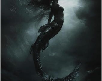 Gothic Mermaid Art Print, Dark Sirene Griezelige Zeemeermin Poster Canvas Print Schilderij Picture Wall Art Gift Slaapkamer Woonkamer Esthetisch