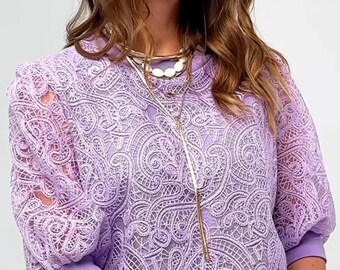 Lavender Lace Blouse, Lilac Crochet Top, Purple Guipure Shirt, Gift for Her