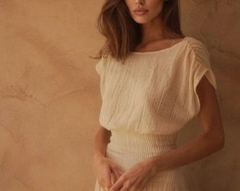 Vestido largo de algodón arrugado hecho a mano, estilo cottagecore con cintura fruncida, vestido de diosa blanco leche