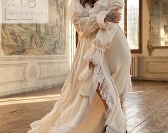 Lace Bridal Boudoir Robe Boho Wedding Gown Cottagecore Maternity Dress Summer Kaftan