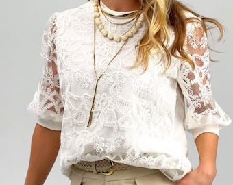 White Lace Blouse with Puff Sleeves, Cotton Viscose Blouse, Elegant Knit Shirt